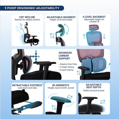 Office Chair with 9 Adjustable Points, Dual-Pad Lumbar Support, 3D Armrests