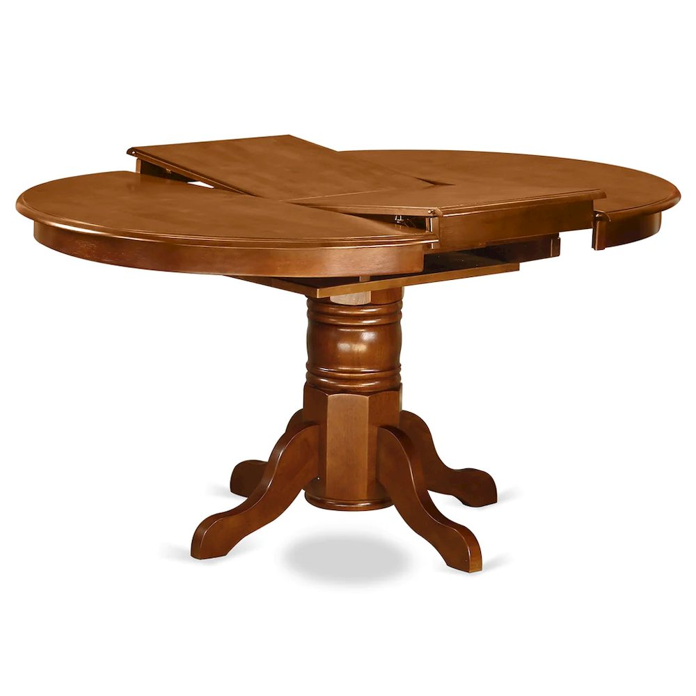 AVPL7-SBR-C 7 PcAvon Dining Table featuring Leaf and 6 Fabric Seat Chairs in Saddle Brown .