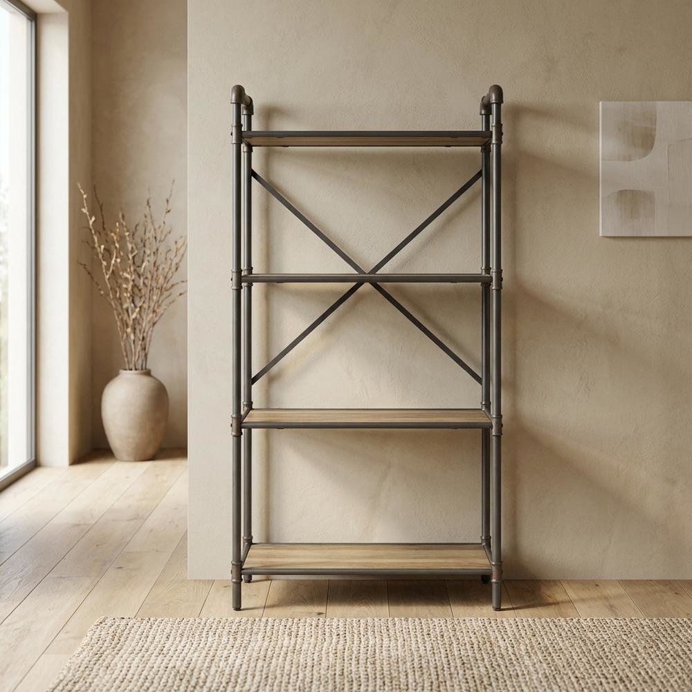 Antique Oak And Gray Bookshelf With Modern Storage Design
