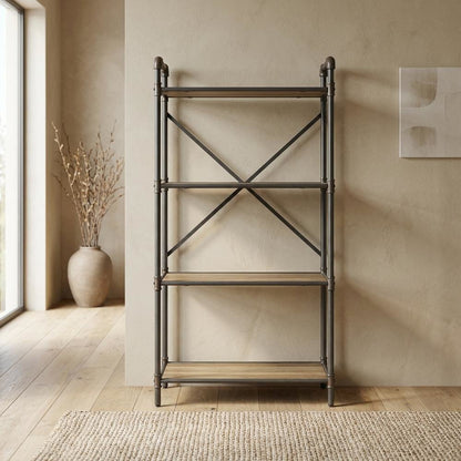 Antique Oak And Gray Bookshelf With Modern Storage Design