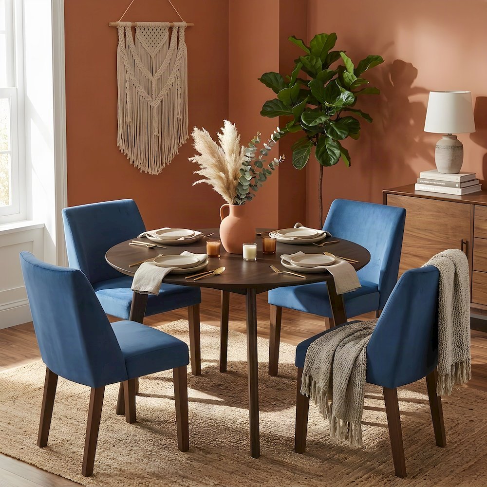 Elegant Round Dining Room Table and Chairs Set for 4 – Blue/Brown