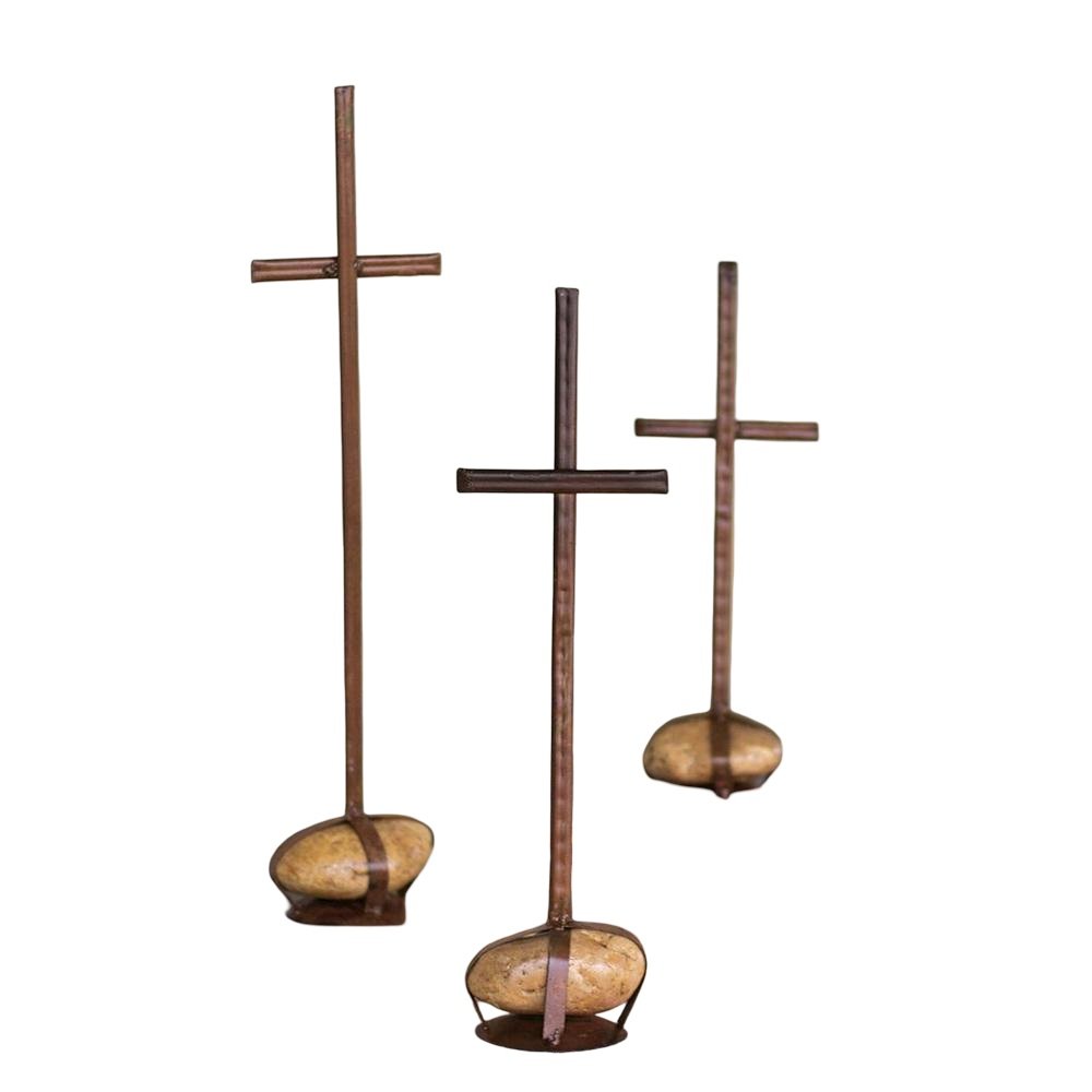 Set Of Three Scrap Metal Crosses With Caged Rock Bases