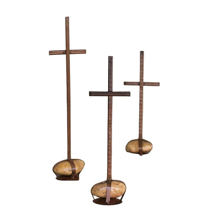 Set Of Three Scrap Metal Crosses With Caged Rock Bases