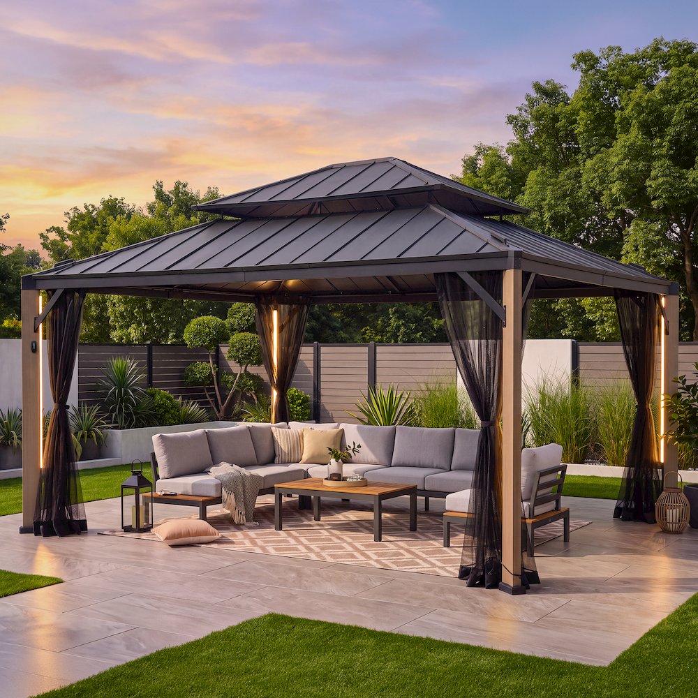 13 ft. x 15 ft. Cedar Framed Hard Top Gazebo with Solar Powered LED Lighting