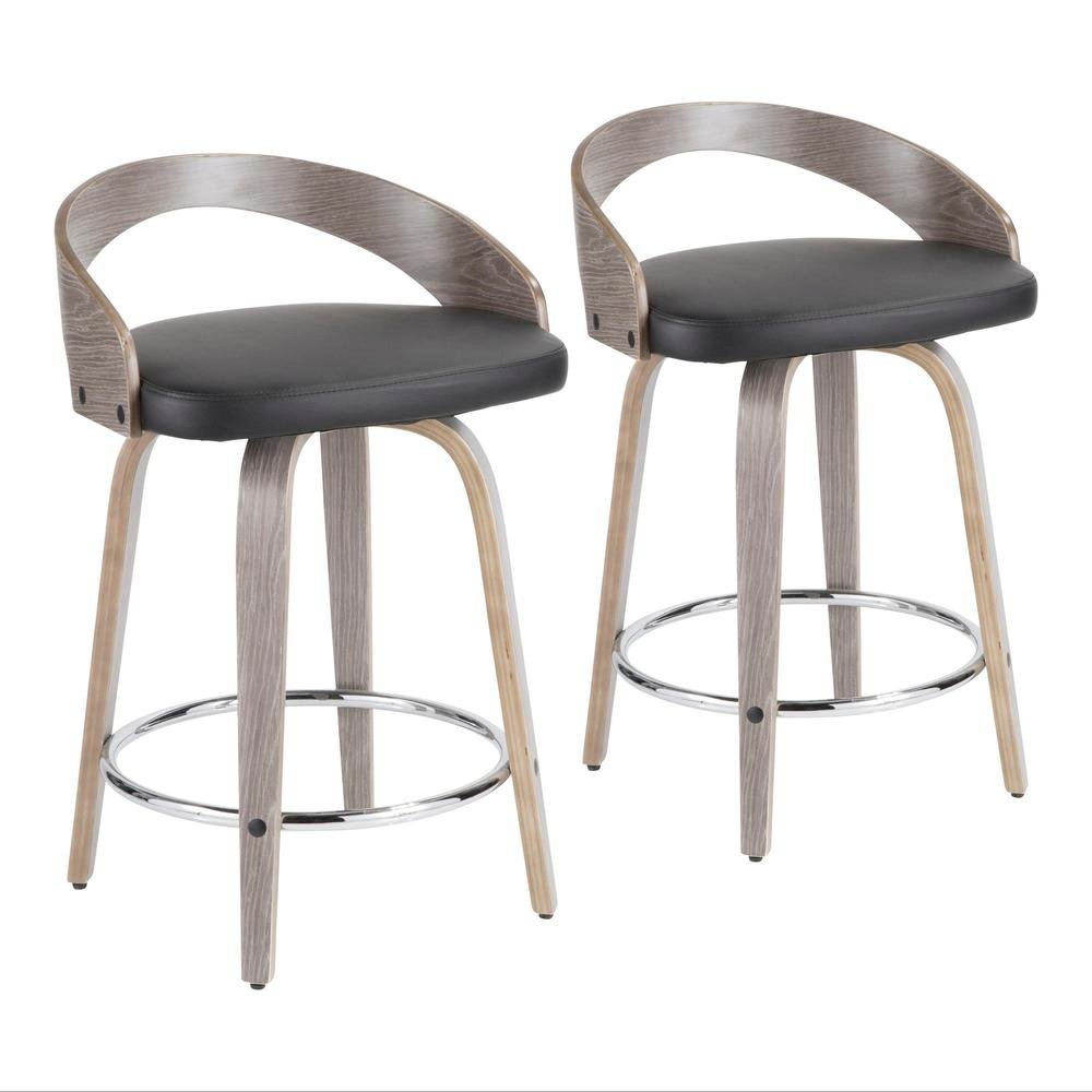 Counter Stool with Light Grey Wood and Faux Leather Upholstery, Set of 2