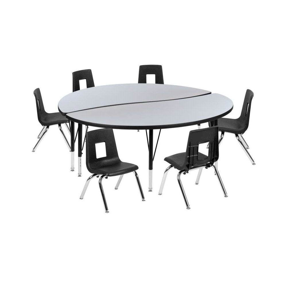 60" Circle Wave Flexible Laminate Activity Table Set with 14" Student Stack Chairs, Grey/Black