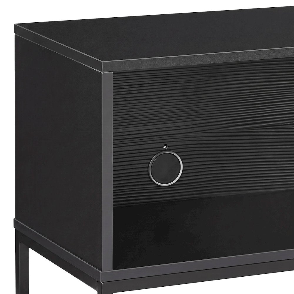FurniFact Media Console with Open Vinyl Storage and Steel Frame, Black