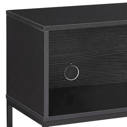 FurniFact Media Console with Open Vinyl Storage and Steel Frame, Black