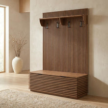 Fluted Hall Tree with Storage Bench, Coat Rack & Shoe Storage, Entryway, Walnut