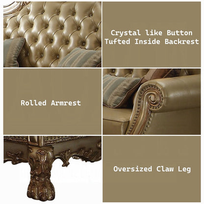 Dresden Sofa w/4 Pillows, Bone Leatherette & Gold Patina