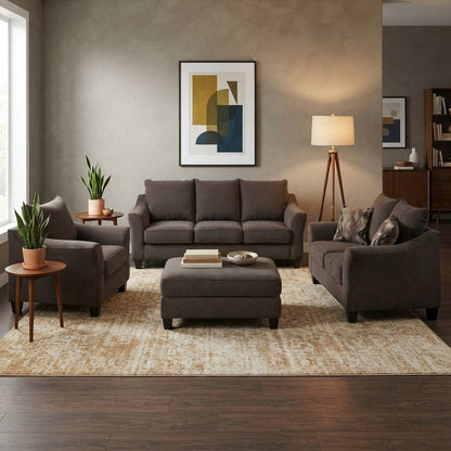 FurniFact Living Room Set with Overstuffed Cushions, Brown, 4 Piece Set