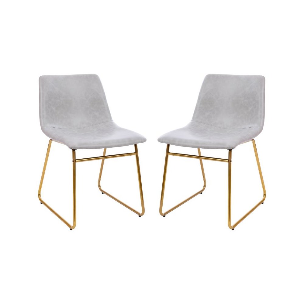 18 inch Dining Table Height Chair, Mid-Back Sled Base Dining Chair in Light Gray LeatherSoft with Gold Frame, Set of 2