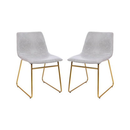 18 inch Dining Table Height Chair, Mid-Back Sled Base Dining Chair in Light Gray LeatherSoft with Gold Frame, Set of 2