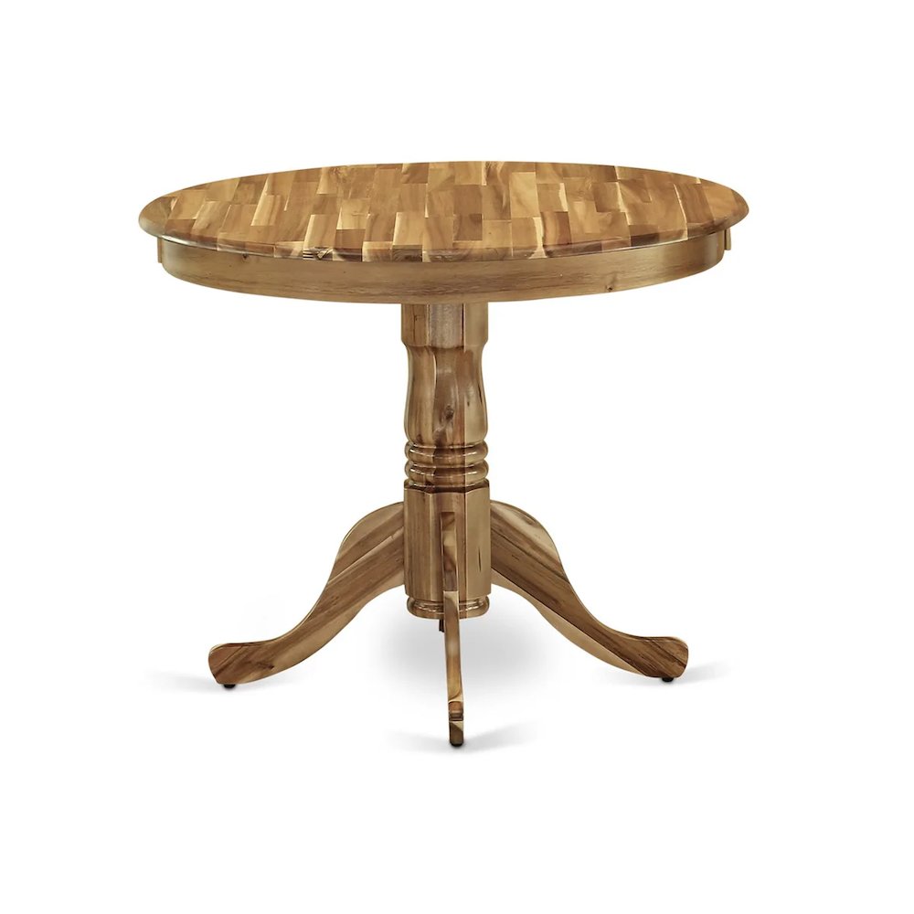3 Piece Kitchen Table Set Contains a Round Dining Room Table with Pedestal and 2 Light Tan Linen Fabric Upholstered Chairs, 36x36 Inch, Natural