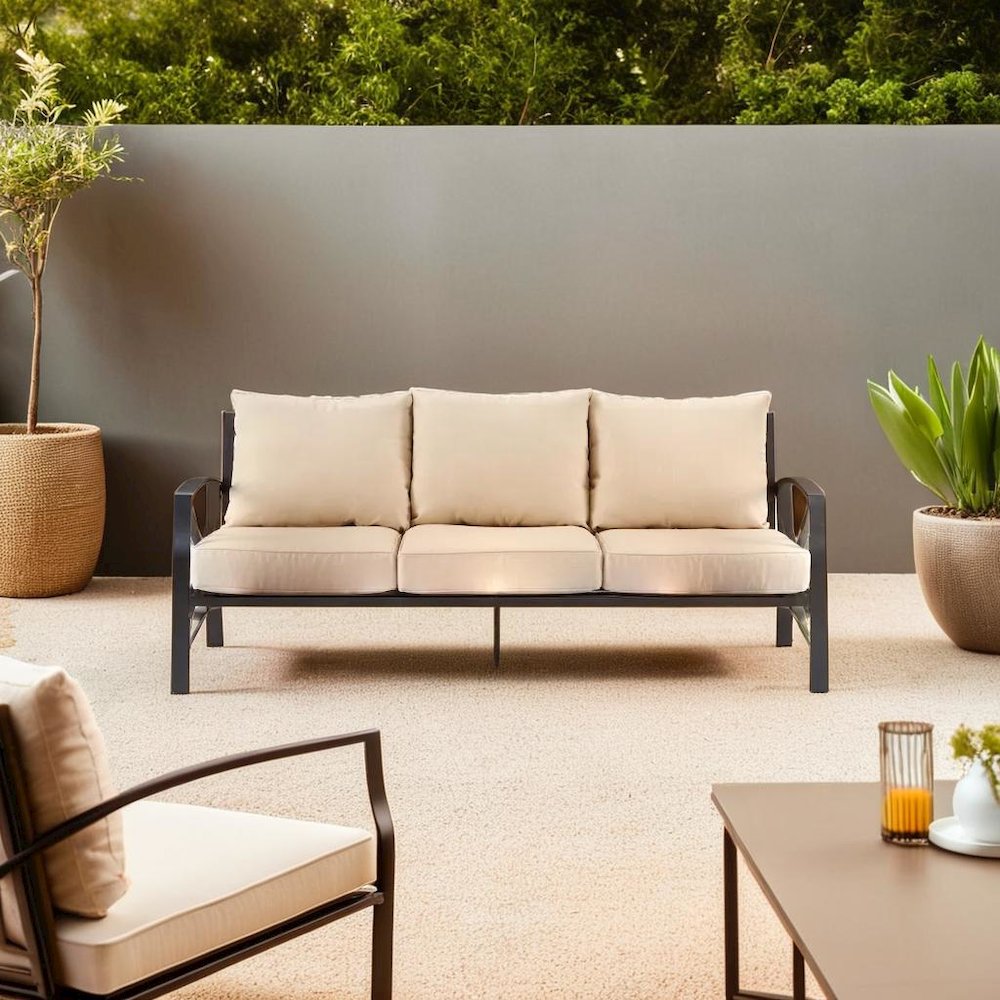 Stylish Outdoor Metal Sofa in Oatmeal and Oil Rubbed Bronze Finish