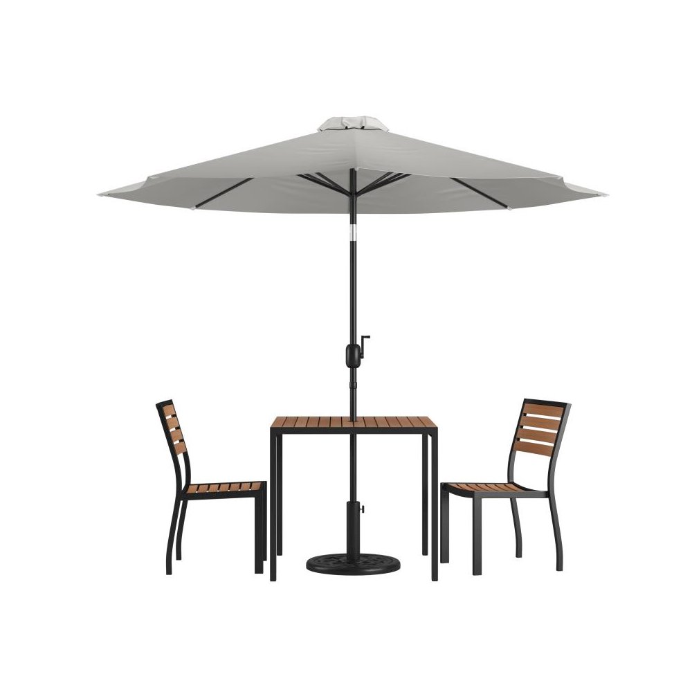 5 Piece All-Weather Deck or Patio Set with 2 Stacking Faux Teak Chairs, 35" Square Faux Teak Table, Gray Umbrella & Base
