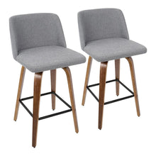 Mid-Century Modern Counter Stool in Walnut and Grey Fabric Set of 2