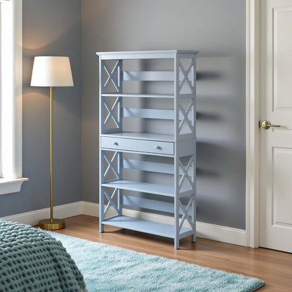 Blue 5-Tier Bookcase with Drawer, MDF Construction, Spacious Shelving Unit