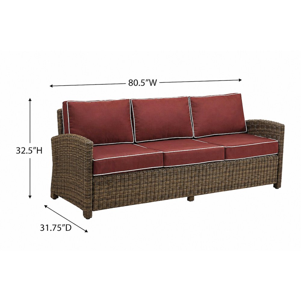 Weathered Brown Wicker Outdoor Sofa Set with Sangria Cushions