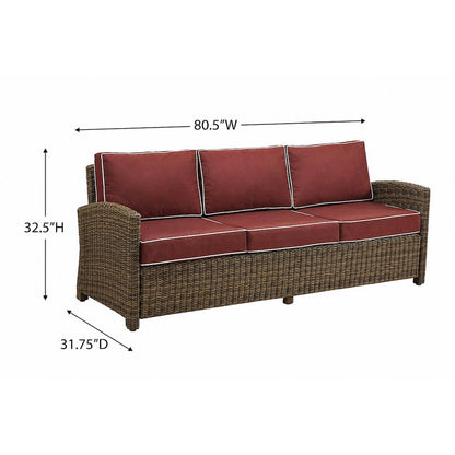 Weathered Brown Wicker Outdoor Sofa Set with Sangria Cushions