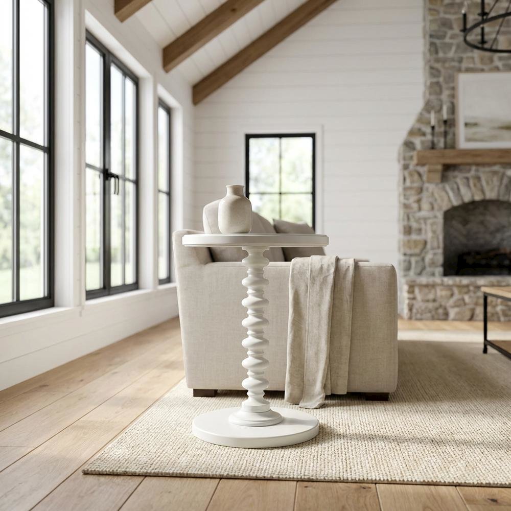 White Round Spindle Coffee Table with Elegant Design and Lightweight Build